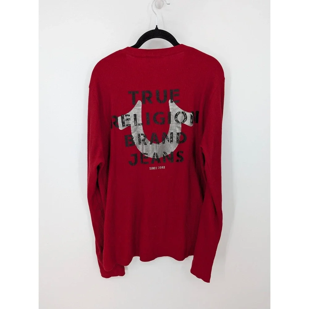 True Religion Henley Mens Medium Red Waffle Knit Thermal Graphic Long Sleeve Y2K